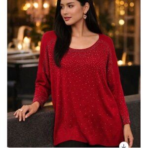 Vicki Mikem 3X Red Beaded Embellished Knit Tunic Top Party Holiday Cocktail